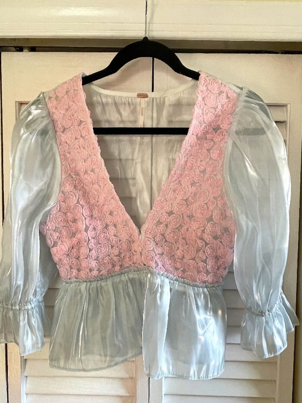 Free People romantic cottagecore blouse with mixed textures, pink, rosettes